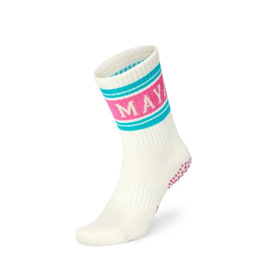 MAYA grip socks - Retro Double pilates crew length grip sock product shot showing the outside of the foot and some grip sole on the heel