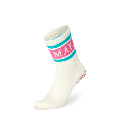 MAYA grip socks - Retro Single pilates crew length grip sock product shot showing the outside of the foot and some grip sole on the heel